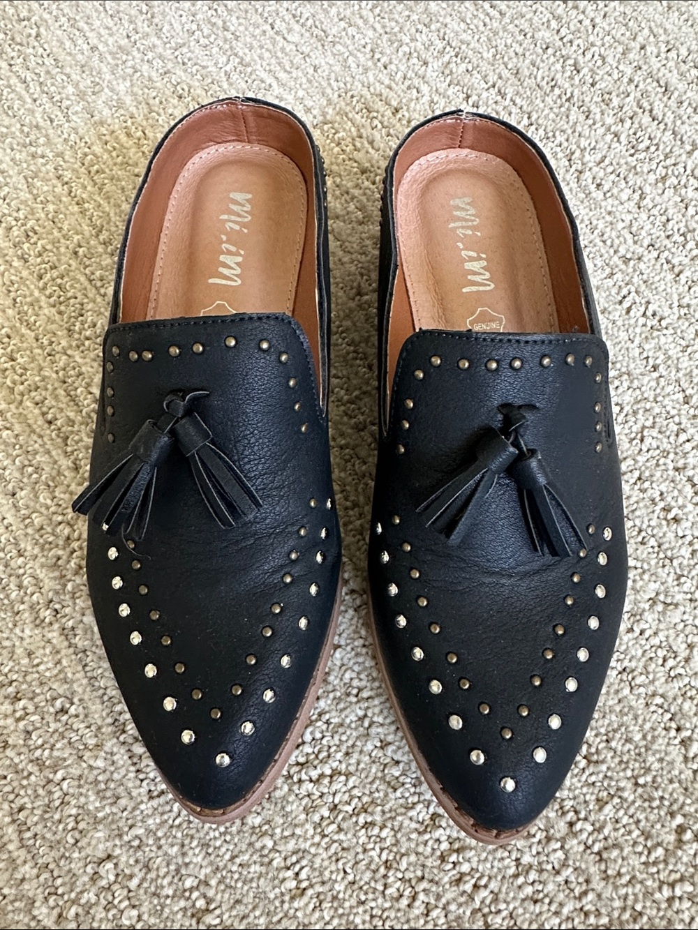 Black Tassel Studded Pointed Loafers for Women